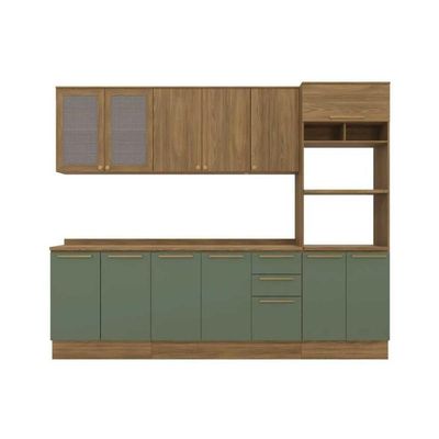 Cozinha Modulada Completa Botanic 7 Peças 2 Aéreos + 2 Balcões + 1 Paneleiro + 2 Complementos C7p36 Nogueira Verde