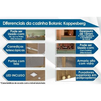 Kit Cozinha Modulada 7 Peças Botanic 2 Aéreos + 2 Balcões + 1 Paneleiro + 2 Complementos C7p36 Nogueira Verde