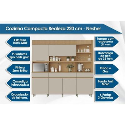 Kit De Cozinha Compacta Realeza Com 6 Portas E 3 Gavetas 220cm Carvalho Cinza