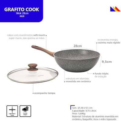 Frigideira Wok Panela Cerâmica Indução Antiaderente 28cm Mimo Style Linha Grafito Cook 4,15 Litros Para Yakisoba Com Tampa De Vidro