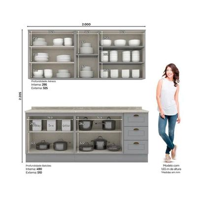 Kit Cozinha Modulada 6 Peças Americana 2 Aéreos + 2 Balcões + 2 Complementos Cz152 Cinza