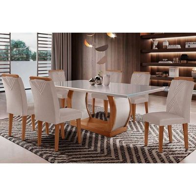 Conjunto Mesa De Cozinha Jade Tampo Madeirado Com Vidro Curvo 180x90 E 6 Cadeiras Amsterdã Imbuia Suede Creme Rufato