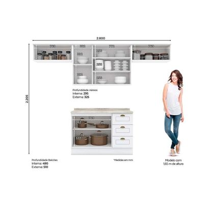Cozinha Modulada Americana 5 Peças 3 Aéreos + 1 Balcão + 1 Complemento C5p43 Branco2 Aéreos + 1 Balcão + 1 Complemento