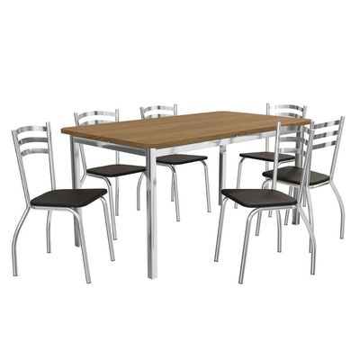 Conjunto Mesa Sala Jantar Reno Com Tampo Madeira 160cm E 6 Cadeiras Portugal Cromada Nude 16 Kappesberg