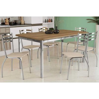 Conjunto Mesa Sala Jantar Reno Com Tampo Madeira 160cm E 6 Cadeiras Portugal Cromada Nude 16 Kappesberg