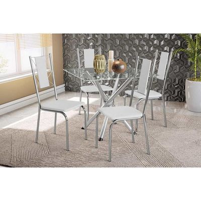 Sala De Jantar Volga Com Tampo De Vidro 90cm E 4 Cadeiras Lisboa Cromada Courano Branco