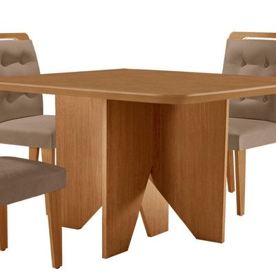 Mesa Evora 90cm Mdf Canto Copo E Com 4 Cadeiras Carol Veludo Capuccino/naturalle/naturalle