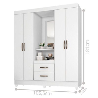 Guarda Roupa Solteiro 4 Portas Com Espelho Branco