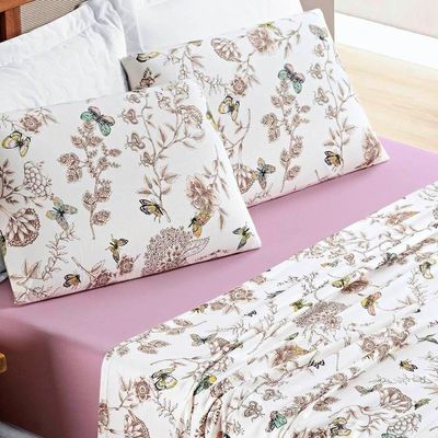 Jogo De Lençol Queen Quality Malha 100% Algodão Estampado 4 Peças Cor Butterfly Rosa