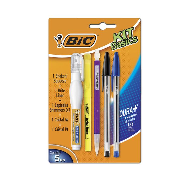 Kit Escrita Bic com 2 Canetas Cristal Azul e Preta, 1 Marcador Amarelo, 1 Lapiseira, 1 Corretivo