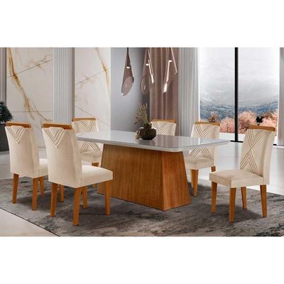 Conjunto Mesa Sala Jantar Luna Tampo Madeirado Com Vidro Curvo 180x90 E 6 Cadeiras Amsterdã Imbuia Suede Creme Rufato