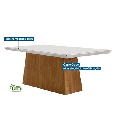 Conjunto Mesa Sala Jantar Luna Tampo Madeirado Com Vidro Curvo 180x90 E 6 Cadeiras Amsterdã Imbuia Suede Creme Rufato