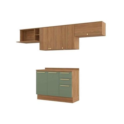 Kit Cozinha Modulada 5 Peças Botanic 3 Aéreos + 1 Balcão + 1 Complemento M662 Nogueira Verde Oliva