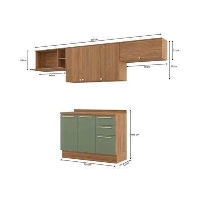 Cozinha Completa 5 Peças Botanic 3 Aéreos 1 Balcão 1 Complemento M662 Nogueira Verde Oliva