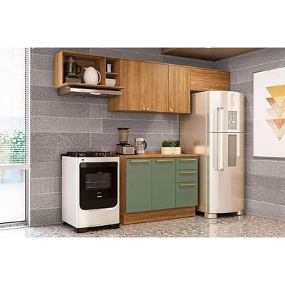 Cozinha Modulada Completa Botanic 5 Peças 3 Aéreos + 1 Balcão + 1 Complemento M662 Nogueira Verde Oliva