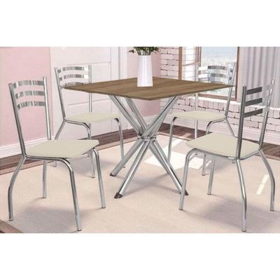 Conjunto Mesa Sala Jantar Volga Com Tampo De Madeira 90cm E 4 Cadeiras Portugal Cromada Nogueira Bege Kappesberg
