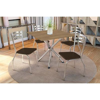 Conjunto Mesa Sala Jantar Volga Com Tampo De Madeira 90cm E 4 Cadeiras Portugal Cromada Nogueira Marrom Kappesberg