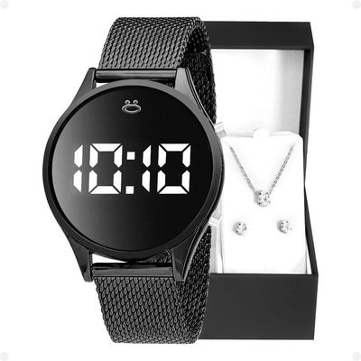 Relogio Feminino Digital Aço Inox + Caixa + Brincos + Colar