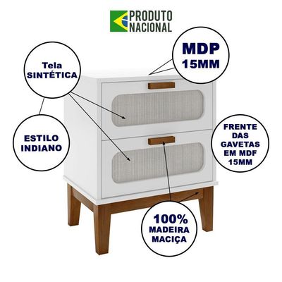 Mesa De Cabeceira 2 Gavetas Santorini Branco 45 Cm Com Tela Indiana - Branco