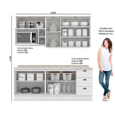 Cozinha Completa 7 Peças Americana 2 Aéreos 2 Balcões 1 Nicho 2 Complementos Cz146 Branco