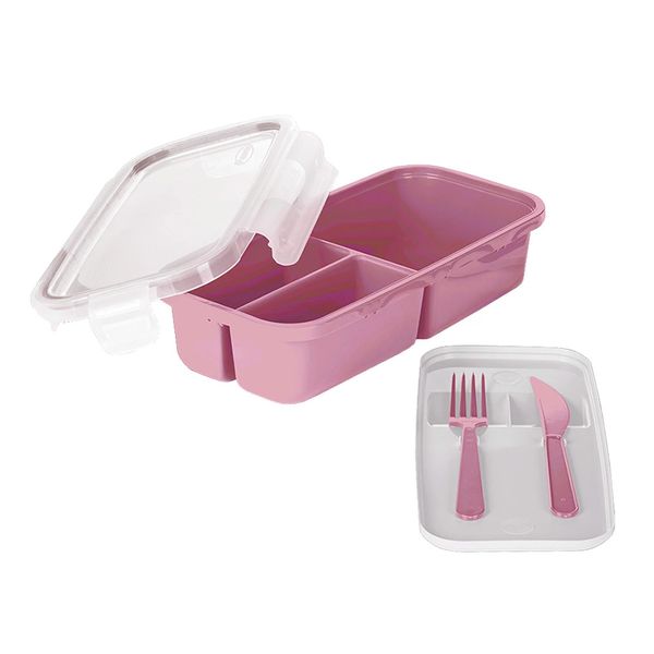 Marmita Retangular Hermética em Plástico com 3 Divisórias Plasvale com Talher Rosa 1,2L