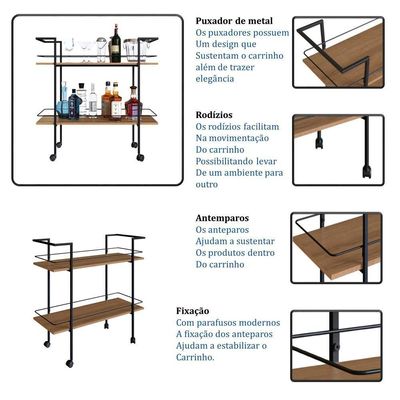 Carrinho Bar Industrial Com Rodizios P1036 Mell Preto Pp Milani Store Mell