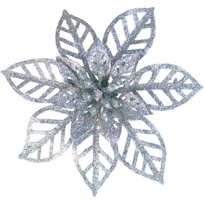 Kit 16 Flores Prata Gliter Decoração árvore De Natal De 14cm