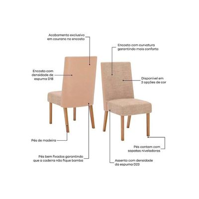Conjunto Mesa De Cozinha Yara Com Tampo Madeirado Com Vidro Curvo 200x90cm E 6 Cadeiras Anne Nature Courano Linho Henn
