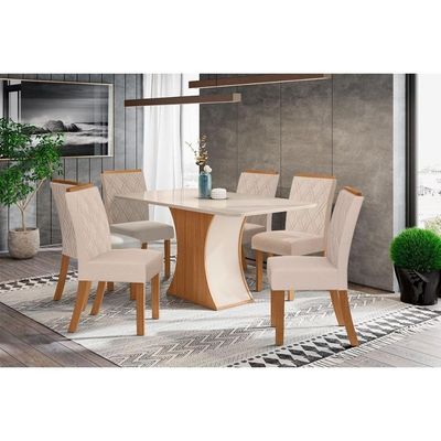 Conjunto Mesa Sala Jantar Luiza Com Tampo De Vidro 160x90cm E 6 Cadeiras Vita Nature Off White Linho Bege Henn