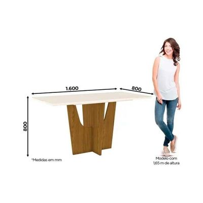 Conjunto Mesa Sala Jantar Vértice Tampo Madeirado Com Vidro 160x80cm E 6 Cadeiras Milla Nature Linho Henn