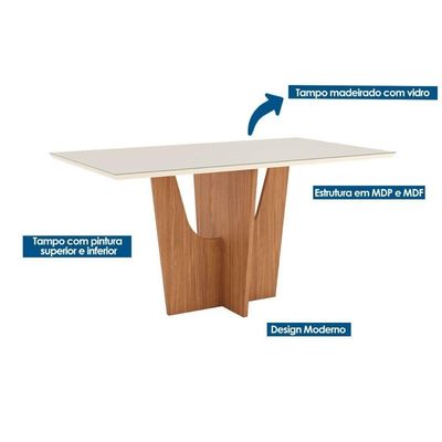 Conjunto Mesa Sala Jantar Vértice Tampo Madeirado Com Vidro 160x80cm E 6 Cadeiras Milla Nature Linho Henn
