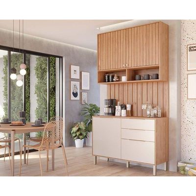 Cozinha Modulada Completa Divina 3 Peças 1 Aéreo + 1 Balcão + Complemento Cz008 Freijó Off White