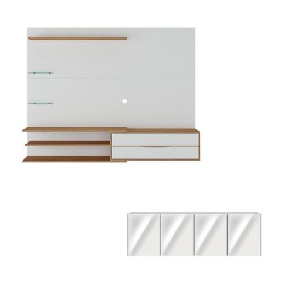 Painel Com Suporte Para TV Até 65 Polegadas Com Aparador 4 Portas Com Espelho Multimóveis MP1089 Rustic Branco