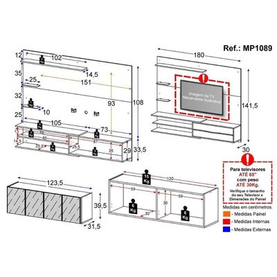 Painel Com Suporte Para TV Até 65 Polegadas Com Aparador 4 Portas Com Espelho Multimóveis MP1089 Rustic Branco