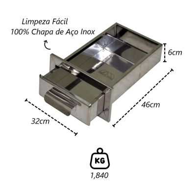 Gaveta Cinzeiro Lareira Chapa de Aço Inox Popular 46x32x6cm