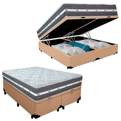 Cama Box Baú Casal Bipartido Sintético + Colchão Anjos Black Graphite Molas Ensacadas 138x188x64cm Bege