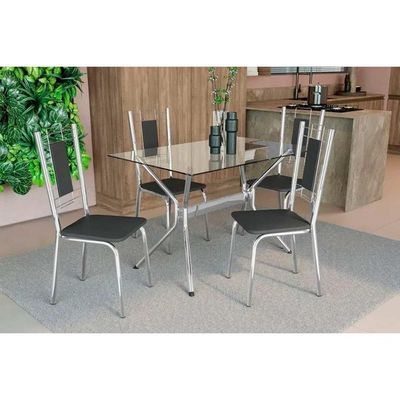 Conjunto Mesa De Cozinha Loire Com Tampo De Vidro 120x80cm E 4 Cadeiras Florença Cromada Courano Preto Kappesberg