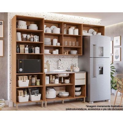 Cozinha Modulada Completa Divina 4 Peças 2 Aéreos + 1 Balcão + 1 Paneleiro Sem Pia Cz003 Freijó Off White