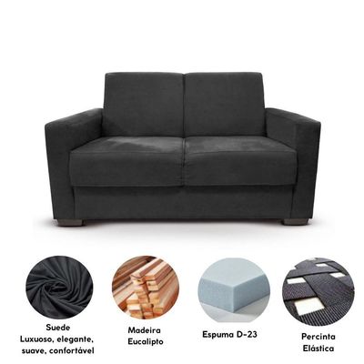 Sofá Estofado 2 Lugares Sala Estar Recepção Natália Suede preto