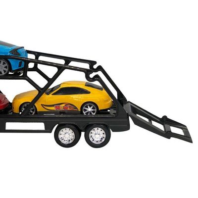Caminhão Cegonheira Grande Com 3 Carrinhos - Amarelo Transporte De Brinquedos Em Escala Real