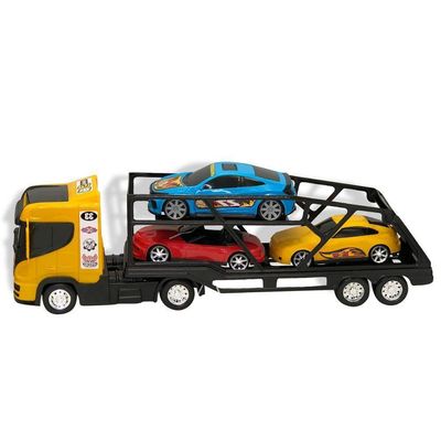 Caminhão Cegonheira Grande Com 3 Carrinhos - Amarelo Transporte De Brinquedos Em Escala Real