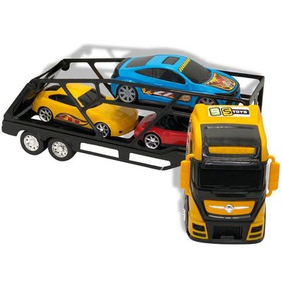Caminhão Cegonheira Grande Com 3 Carrinhos - Amarelo Transporte De Brinquedos Em Escala Real