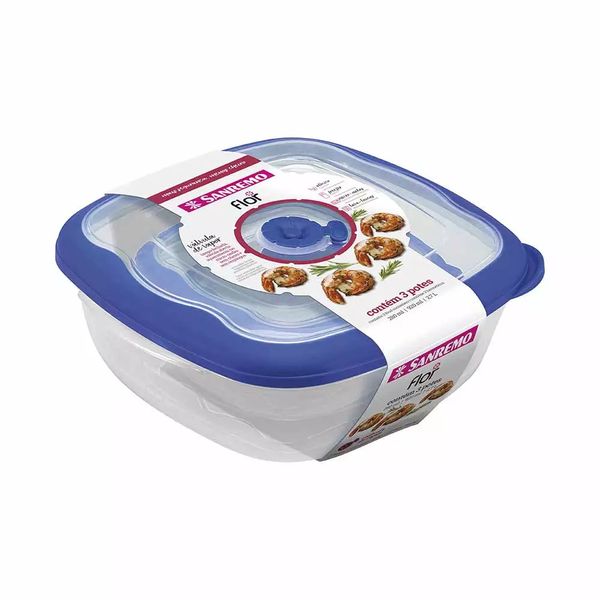 Conjunto de Potes Sanremo Flor em Plástico com Tampa Azul Quadrado com 3 Peças