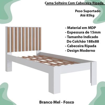 Cama Solteiro Cabeceira Ripada 108x206cm Branco Mel Proddy