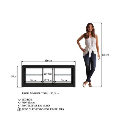 Rack Com Led 02 Prateleiras Em Vidro 136cm Preto Proddy Preto