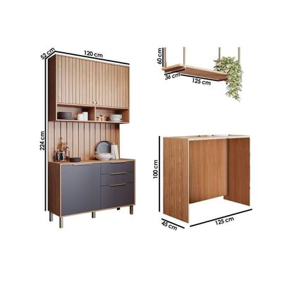 Cozinha Modulada Completa Divina 5 Peças 1 Aéreo + 1 Balcão + 1 Ilha + 2 Complementos C5p186 Freijó Titanium