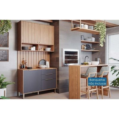Kit Cozinha Modulada 5 Peças Divina 1 Aéreo + 1 Balcão + 1 Ilha + 2 Complementos C5p186 Freijó Titanium