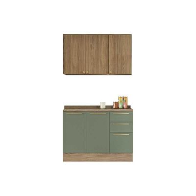 Cozinha Completa Botanic 3 Peças 1 Aéreo 1 Balcão Complemento C3p15 Nogueira Verde Oliva