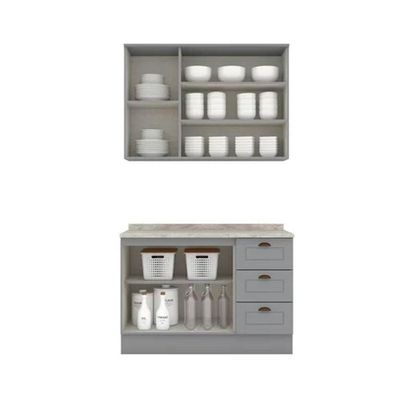 Kit Cozinha Modulada 3 Peças Americana 1 Aéreo + 1 Balcão + Complemento Cz120 Cinza