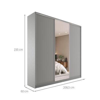 Guarda-Roupa Casal com 1 Espelho Zemartt 100% MDF 3 PT 3 GV Cinza